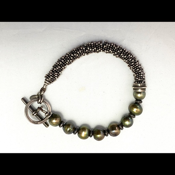 None Jewelry - Custom sterling silver bracelet with black pearls